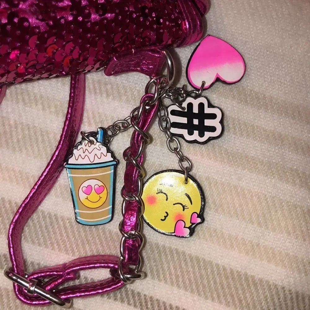 Justice “S” Monogram Fuchsia Pink Sequin Purse Bag with Emoji Charms